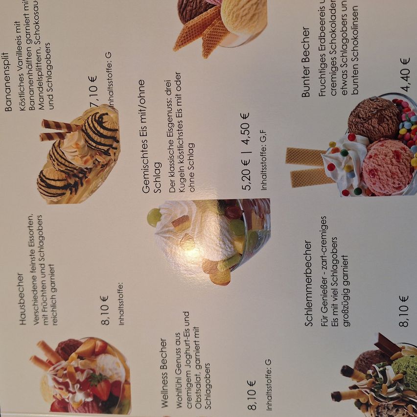 The image shows a menu with four ice cream dishes. Prices are in Euros. Prices are 8.10, 7.10, 5.20, and 4.40. The dishes include descriptions like "Bananasplit with vanilla ice cream" and "Chocolate ice cream with a bun."