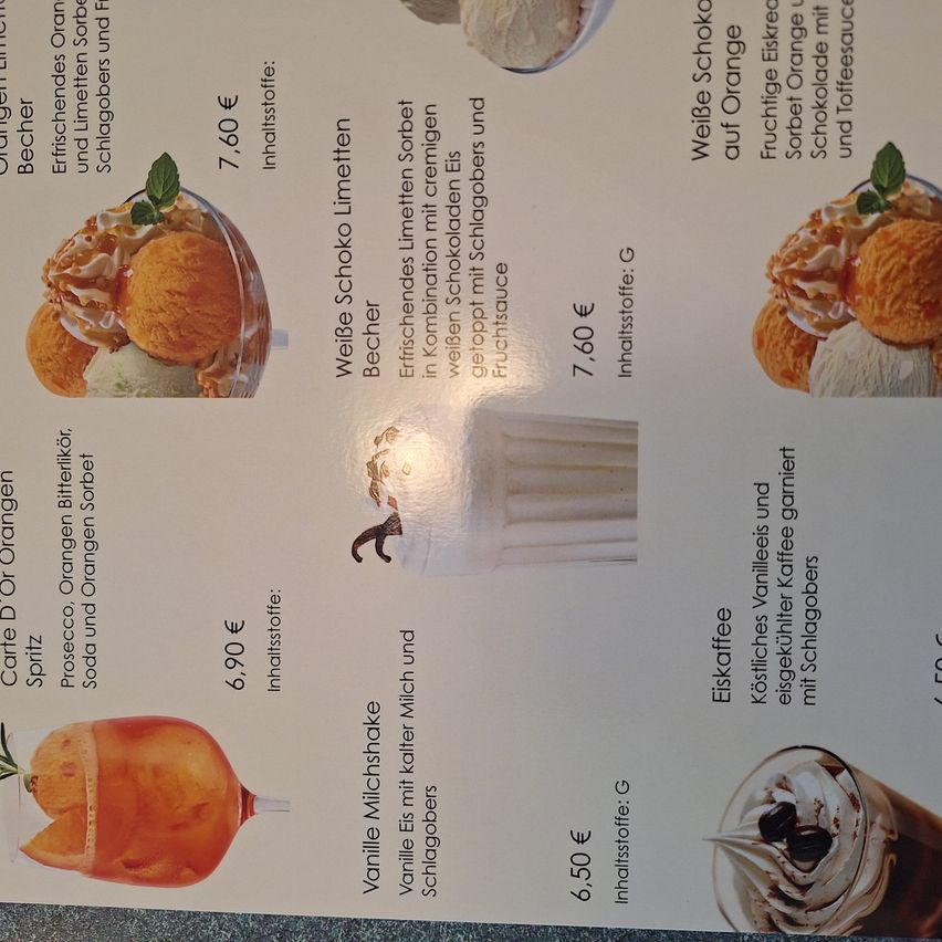 Menu with various ice cream options and drinks. Prices include ingredients list. White Schoko Limetten with ice cream and syrup, vanilla milkshake with milk and ice cream, and several coffee drinks.