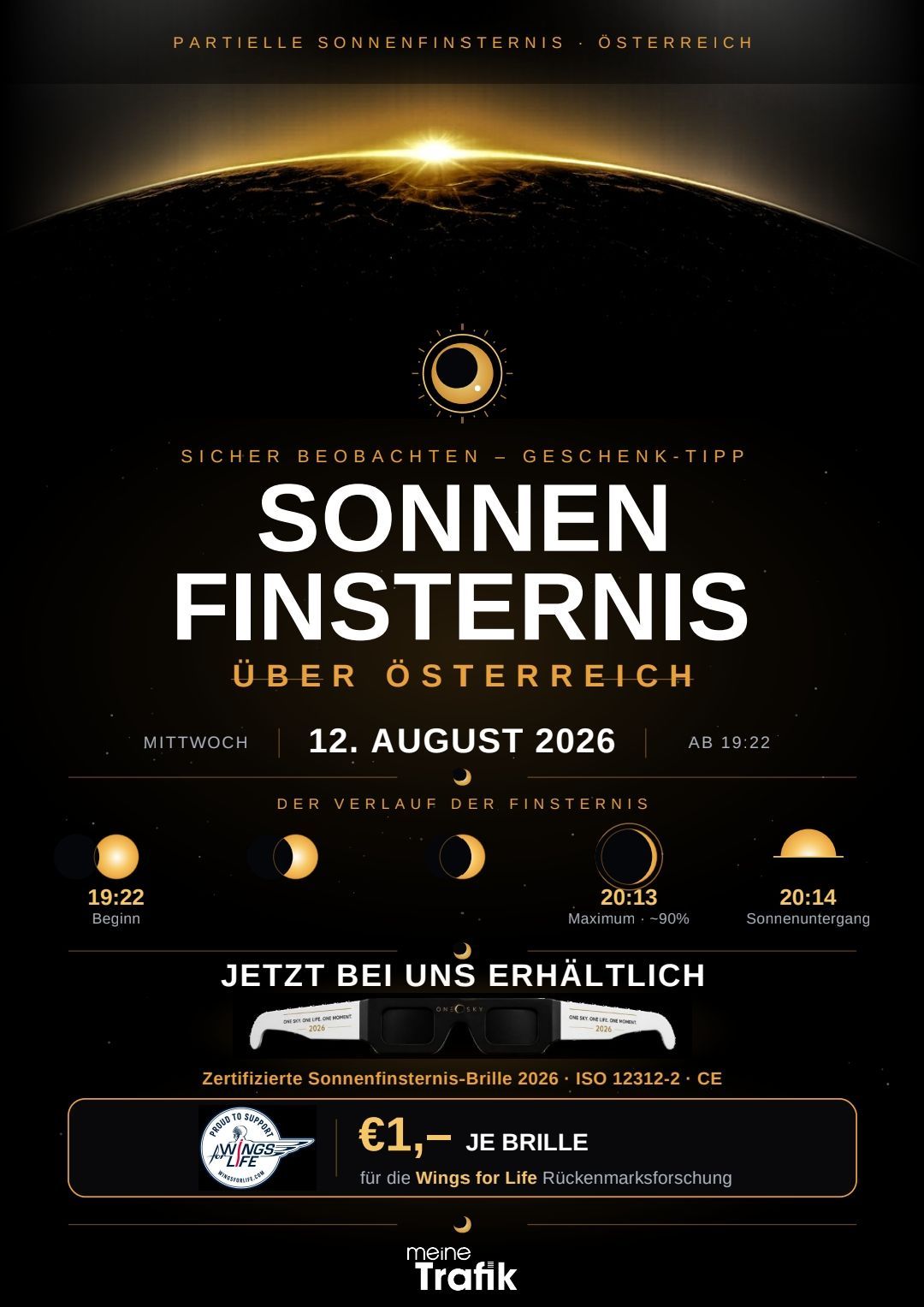 Poster for a solar eclipse event in Austria on August 12, 2026, highlighting the safe viewing experience and the availability of certified eclipse glasses.