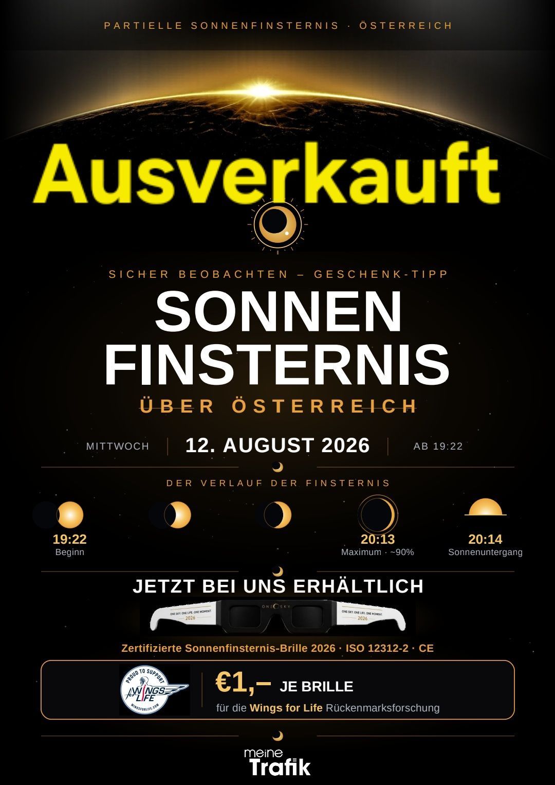 Poster advertising the sale of certified solar eclipse glasses for the solar eclipse over Austria on August 12, 2026. The poster includes a schedule of the eclipse's progression and safety tips.