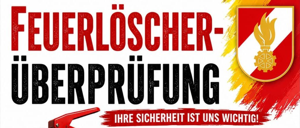 Plakat für die Überprüfung von Feuerlöschern am Samstag, 30. Mai 2026, von 9:00 Uhr bis 12:00 Uhr im Rüsthaus der Freiwilligen Feuerwehr Hofstätten. Anweisungen umfassen Sichern, Ablassen und Senken des Geschmacks.