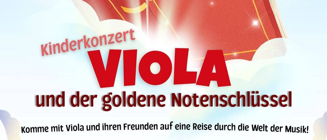Ein Plakat für ein Kinderkonzert mit Viola und dem goldenen Musikschlüssel. Ein Mädchen sitzt auf einem schwebenden Buch in den Wolken. Die Veranstaltung findet am 17.01.2026 um 10:00 Uhr an der Volksschule Eggenburg statt. Der Eintritt ist frei.