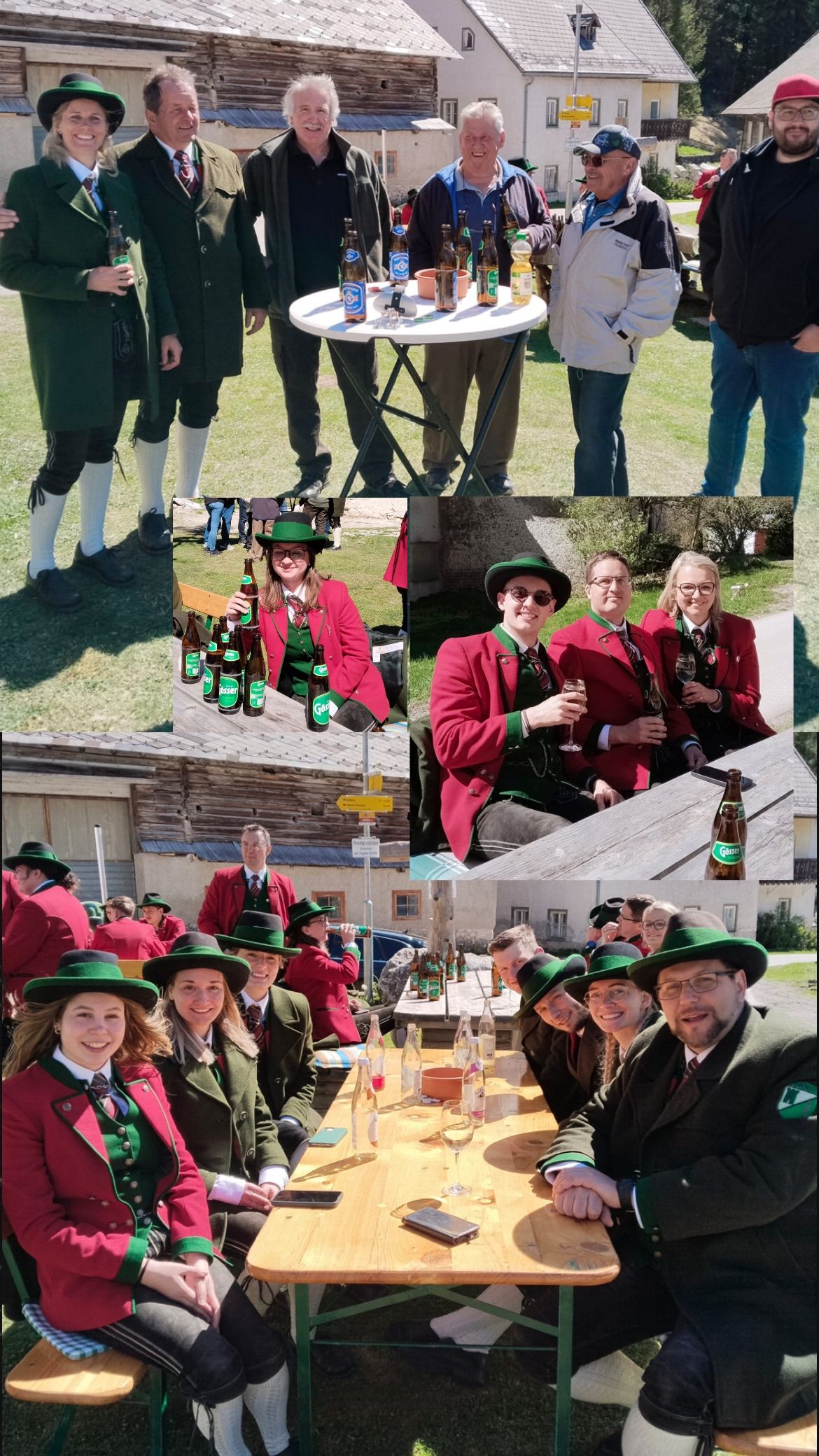 Eine Collage von Menschen in traditioneller deutscher Kleidung, die Getränke bei einer Veranstaltung im Freien genießen. Eine Person hält eine Flasche, andere lächeln und stoßen an. Der Hintergrund zeigt ein Gebäude und eine Rasenfläche.