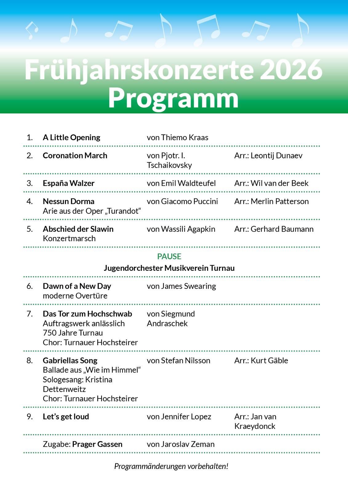 Ein Programmposter für ein Konzert im Jahr 2020 mit einer Liste von Musikstücken, Komponisten und Arrangeuren. Der Titel 'Programm' ist oben prominent angezeigt.
