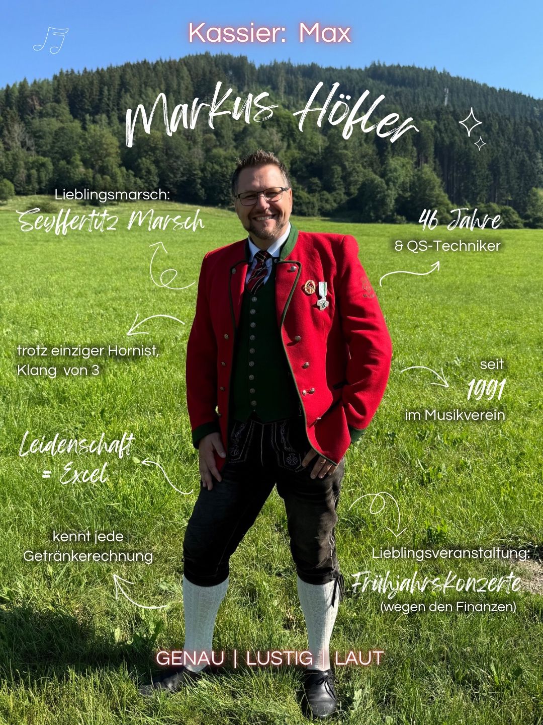 Ein Mann in traditioneller Kleidung steht in einem grünen Feld, lächelt, mit Texten um ihn herum über seinen Lieblingsmarsch, Jahre im Musikverein und Liebe zu Excel.