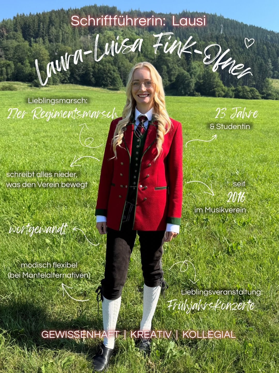 Eine lächelnde Frau in traditioneller Kleidung steht auf einer Wiese mit Textüberlagerungen, die ihren Lieblingsmarsch, ihre Rolle im Musikverein und ihre Lieblingsveranstaltung hervorheben.