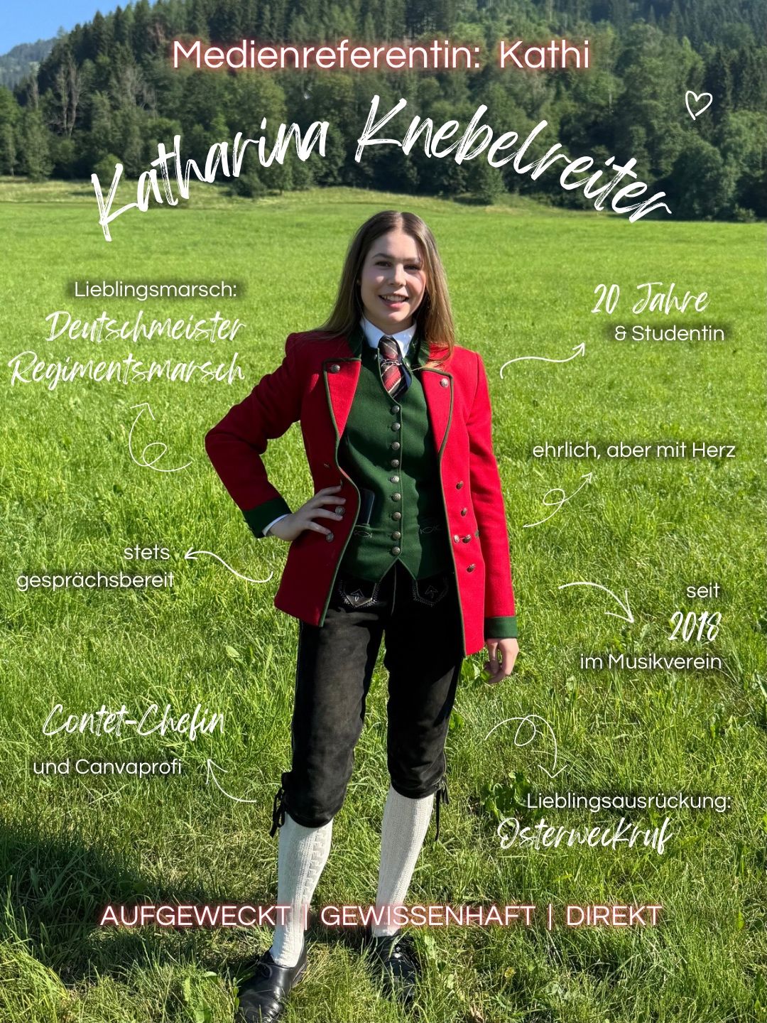 Eine Frau in traditioneller deutscher Kleidung steht auf einem Rasen und lächelt. Text um sie herum beschreibt sie als 20-jährige Studentin, ehrlich, aber mit Herz, immer bereit zu reden, seit 2018 im Musikverein, und Konditor und Leinwandexperte. Ihre Lieblingsaktivität ist Osterweberei.