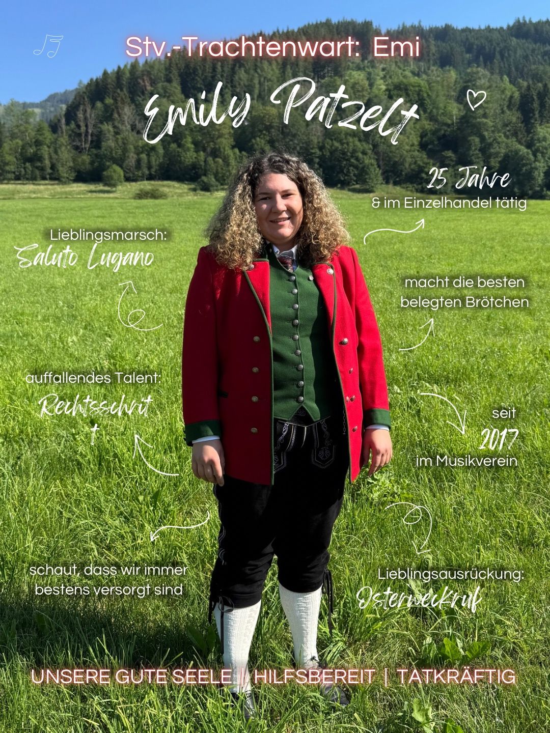 Eine Frau namens Emily Patzelt steht auf einem Rasen in einem roten Mantel und grüner Weste und lächelt für ein Foto. Sie hat lockiges Haar und ist umgeben von Texten über ihre Lieblingsaktivitäten und Talente.