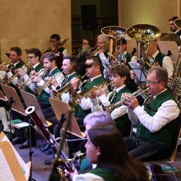 Ein Blasorchester spielt auf der Bühne, mit Musikern, die Trompeten, Posaunen und Tuben spielen. Das Publikum sitzt vor ihnen.