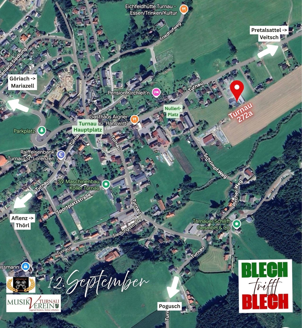 Eine Karte, die den Standort von Turnau, Österreich, mit verschiedenen benannten Wahrzeichen und Straßen zeigt, einschließlich Turnau Hauptplatz, Turnau 272a und Turnau Turnau. Die Karte enthält auch Wegbeschreibungen zu nahegelegenen Städten wie Goriach und Mariazell.