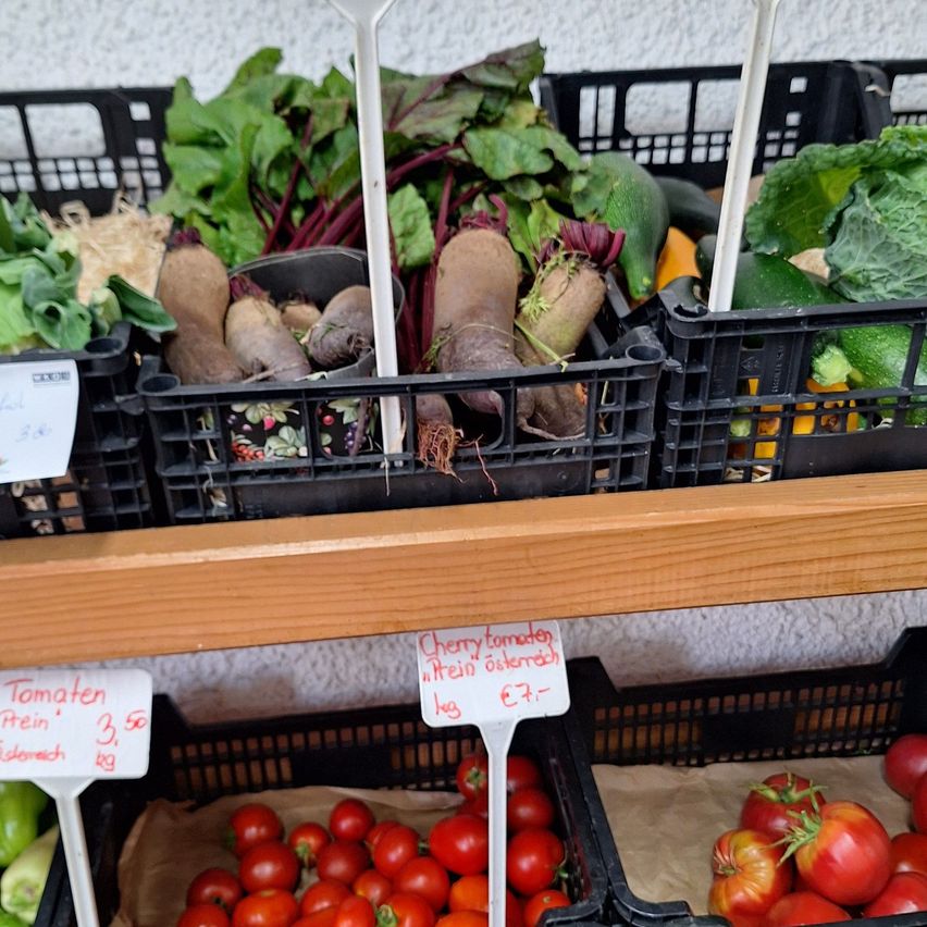 Ein Holzregal zeigt verschiedene Gemüsesorten in schwarzen Kisten. Rote Rüben, Blattgemüse und Tomaten sind prominent zu sehen. Preisschilder sind an einigen Kisten angebracht, die den Preis des Gemüses anzeigen.