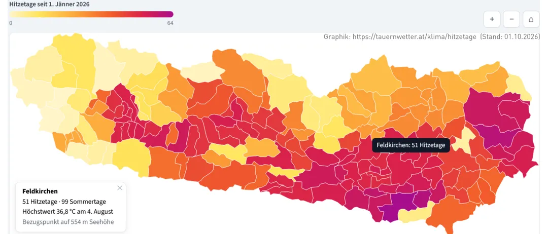 Eine Karte einer Region mit verschiedenfarbigen Bereichen, die die Anzahl der Hitzetage seit Januar 2026 darstellen. Die Farbskala reicht von Gelb bis Rot, wobei die dunkelroten Bereiche die höchste Anzahl an Hitzetagen aufweisen.