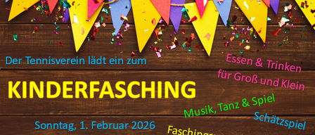 Ein Plakat mit bunten Wimpelketten und Konfetti kündigt einen Kinderfasching an. Es enthält Details zur Veranstaltung, wie Musik, Tanz, Spiele und freien Eintritt. Der Fasching findet am Sonntag, 1. Februar 2026 statt.