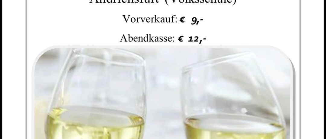 Das Bild ist eine Werbung für eine Weinverkostung am Samstag, den 14. März 2026, Beginn 19:00 Uhr. Vorverkauf: 9 Euro, Abendkasse: 12 Euro. Es zeigt zwei Weingläser.