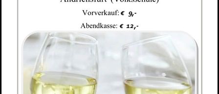 Das Bild ist eine Werbung für eine Weinverkostung am Samstag, den 14. März 2026, Beginn 19:00 Uhr. Vorverkauf: 9 Euro, Abendkasse: 12 Euro. Es zeigt zwei Weingläser.
