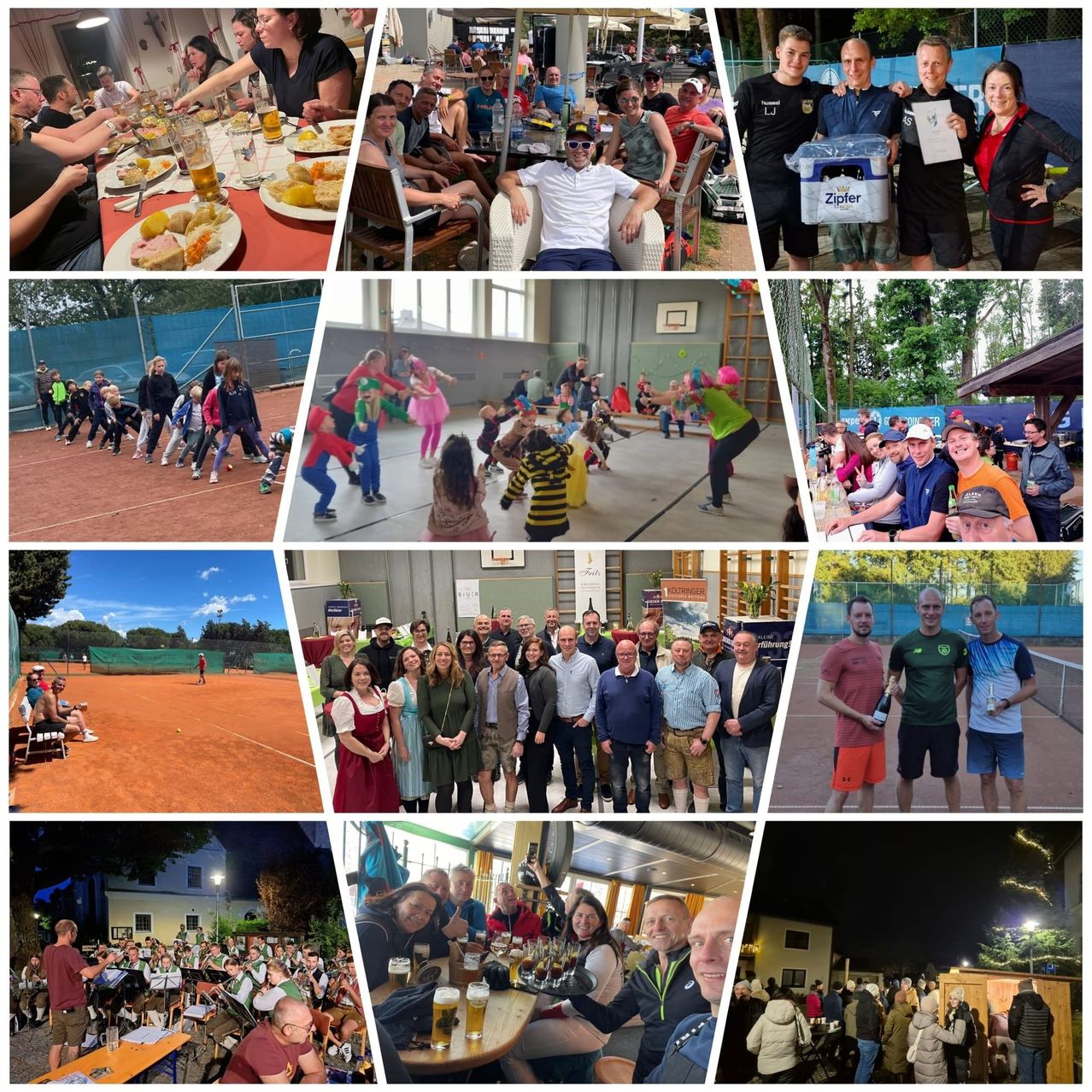 Ein Collage aus sechs Bildern zeigt verschiedene Aktivitäten: Essen, Sport treiben und Feiern. Die Menschen genießen Essen, jubeln in einer Turnhalle und stehen mit Auszeichnungen. Andere spielen Tennis, schauen ein Match und trinken nachts.