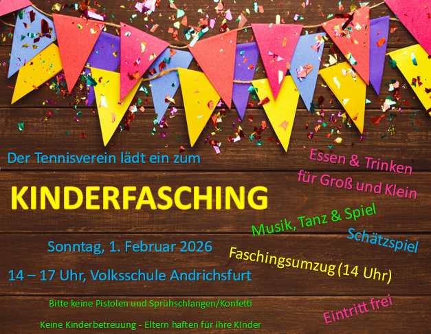 Ein Plakat für die Kinderfasching-Veranstaltung am 1. Februar 2026, von 14-17 Uhr. Mit bunten Wimpelketten, Essen und Spielen. Keine Kinderbetreuung. Freier Eintritt.