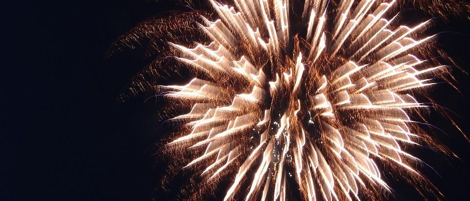 Ein Feuerwerksdisplay am Nachthimmel. Die Feuerwerke explodieren in einem kreisförmigen Muster und erzeugen ein wunderschönes und farbenfrohes Display.