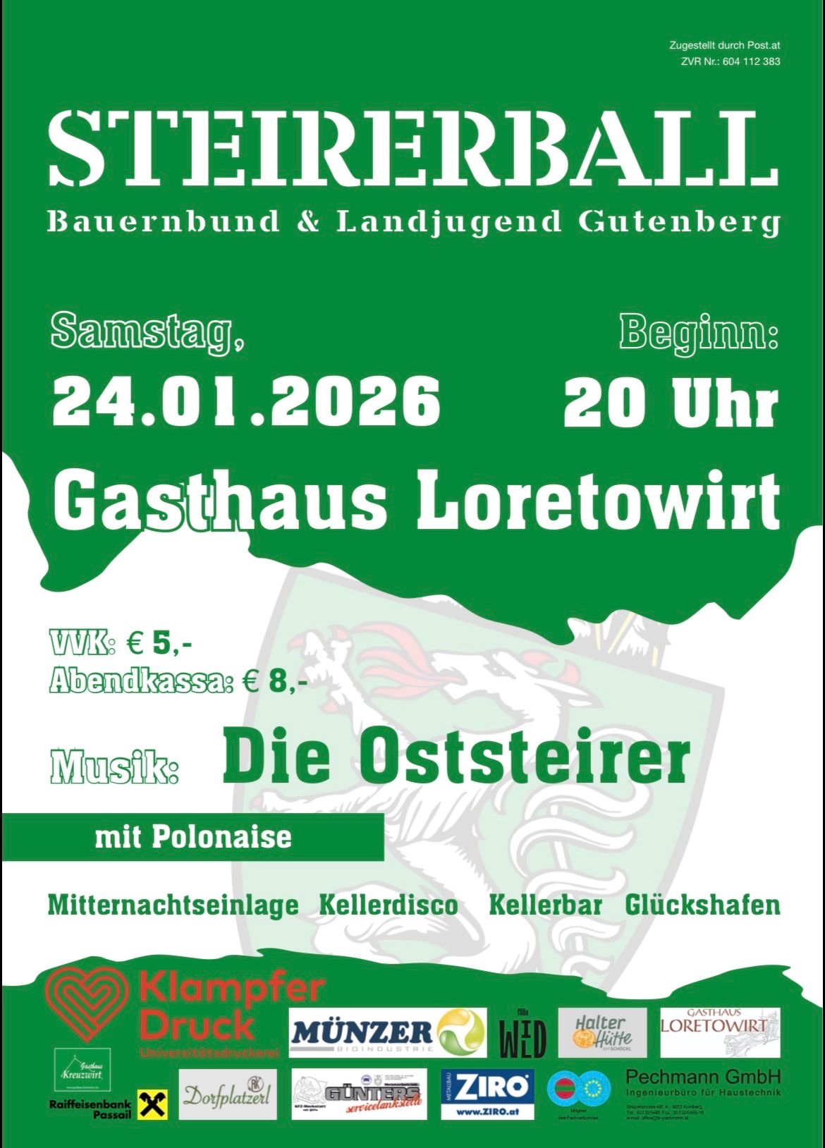 Plakat für die Veranstaltung des Bauernbundes und der Landjugend Gutenberg. Geplant für den 24.01.2026 um 20 Uhr im Gasthaus Loretowirt. Eintrittspreis €5, Abendkarten €8. Musik von Die Oststeirer mit Polonaise. Beinhaltet Mitternachtsdisco, Kellerbar und Glücksfass.