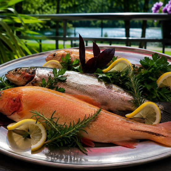 Drei frische Fische sind auf einer silbernen Platte angerichtet, mit Zitronenscheiben und Kräutern garniert. Die Fische liegen auf einem Tisch mit Blick auf einen See und Bäume im Hintergrund.