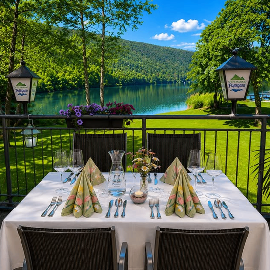 Ein Tisch für eine Mahlzeit auf einem Balkon mit Blick auf einen ruhigen See und Berge im Hintergrund.
