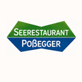 Logo des Seerestaurants Pobegger mit einer blau-grünen Raute und weißem Text.