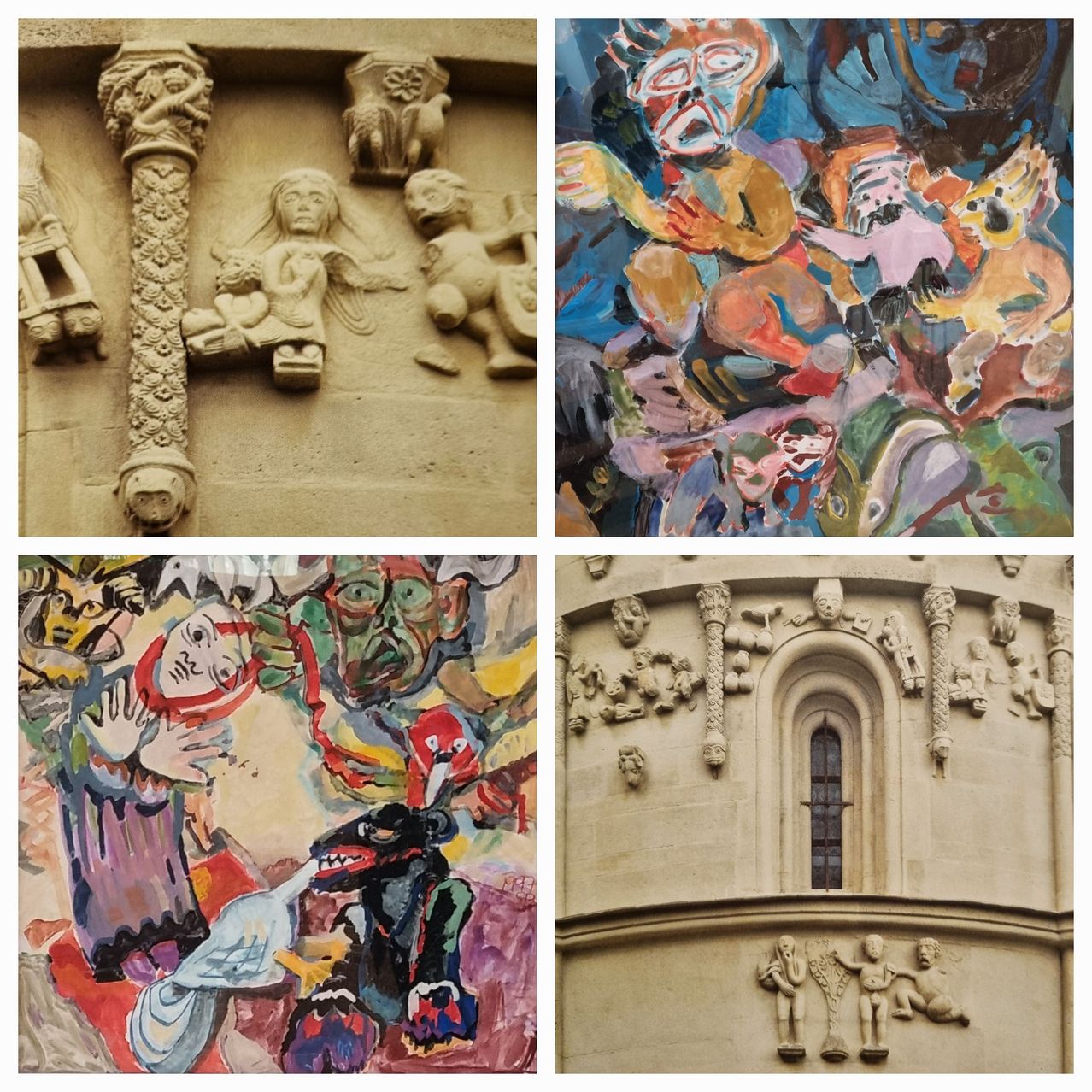 Eine Collage von Bildern, die architektonische Skulpturen, abstrakte Gemälde und eine Mischung aus mittelalterlichen und modernen Stilen zeigt. Das erste Bild zeigt detaillierte Steinschnitzereien an einem Gebäude. Das zweite ist ein leuchtendes abstraktes Gemälde. Das dritte ist ein weiteres abstraktes Gemälde mit kräftigen Farben. Das vierte zeigt eine Mischung aus mittelalterlichen Schnitzarbeiten und modernen Skulpturen.