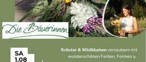 Plakat für einen Kräuterworkshop am 1. August 2026 mit einer Frau, die Blumen hält, und einem großen Strauß weißer und lila Blumen.