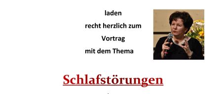 Plakat für einen Vortrag über Schlafstörungen von Frau Dr. Margarete Liebmann, geplant für den 15. September 2026 um 19 Uhr in der Musikschule Gnas.