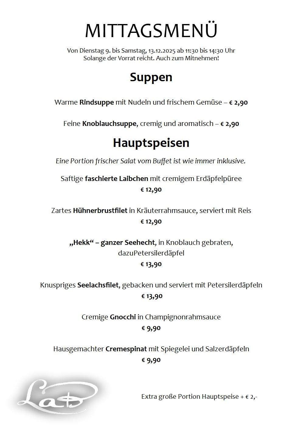 The menu features warm beef soup with noodles and fresh vegetables priced at €2.90, and garlic soup, creamy and aromatic for €2.90. Main dishes include herb-marinated trout fillet with cream truffle puree at €12.90 and tender chicken breast in cream sauce with rice at €12.90.