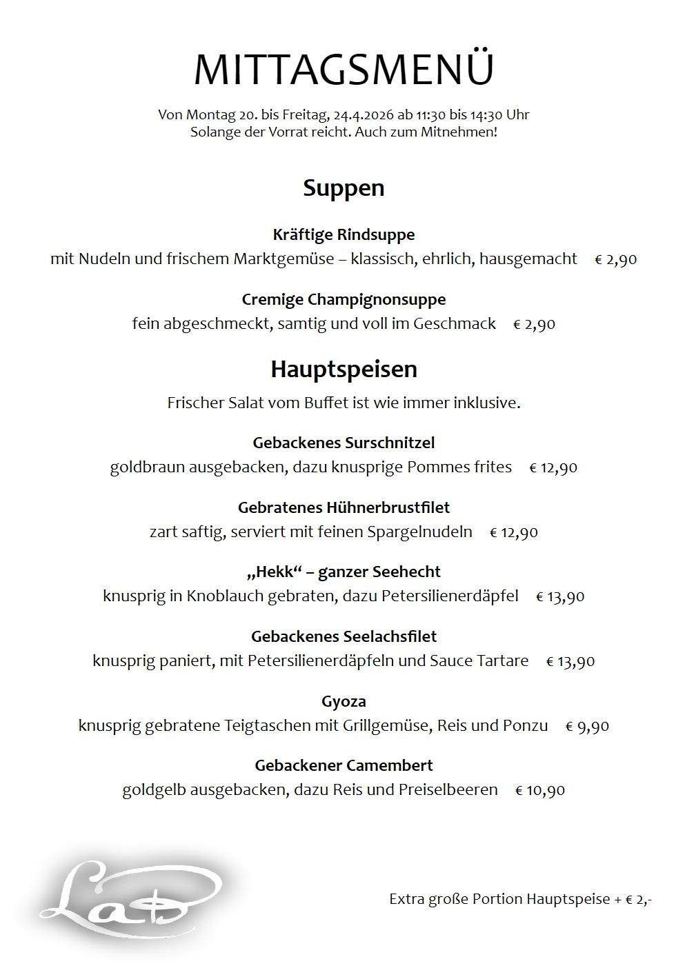 The menu features beef soup with fresh market vegetables and creamy champignon soup. Main dishes include baked trout with crispy pommes frites, and lamb breast with asparagus. Also, there's a crispy pan-fried sea trout with parsley potatoes and tartar sauce, and crispy fried tarragon pockets with grilled vegetables, rice, and ponzu.