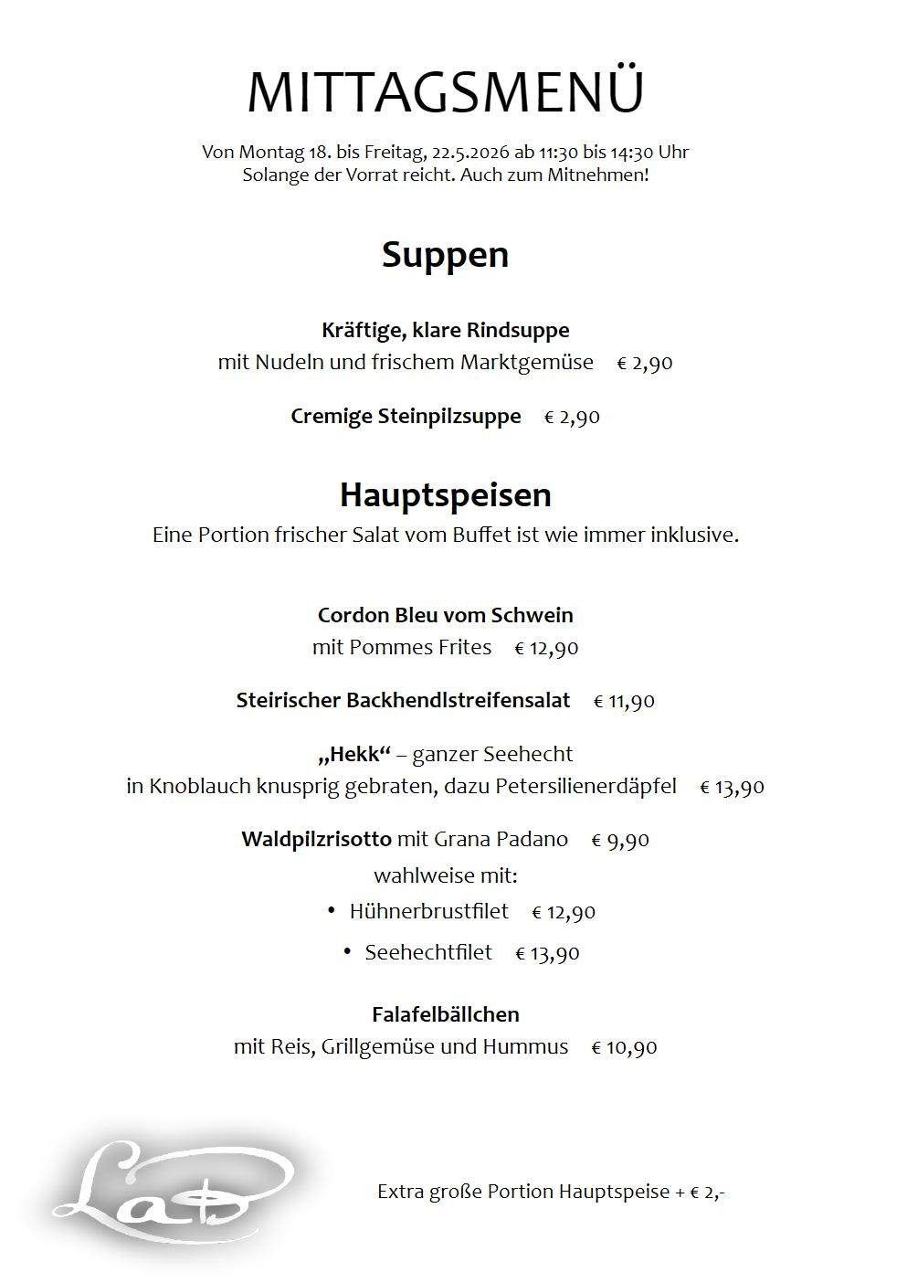 Menu includes hearty beef soup with noodles and fresh market vegetables priced at €2.90 and creamy stone-peeled potato soup at €2.90. A portion of fresh salad is included. Other dishes include cordón bleu with pommes frites at €12.90, backhendlstreifensalat at €11.90, garlic-fried chicken with parsley dumplings at €13.90, and risotto with various toppings at €9.90. Falafel balls with rice, grilled vegetables, and hummus are priced at €10.90.