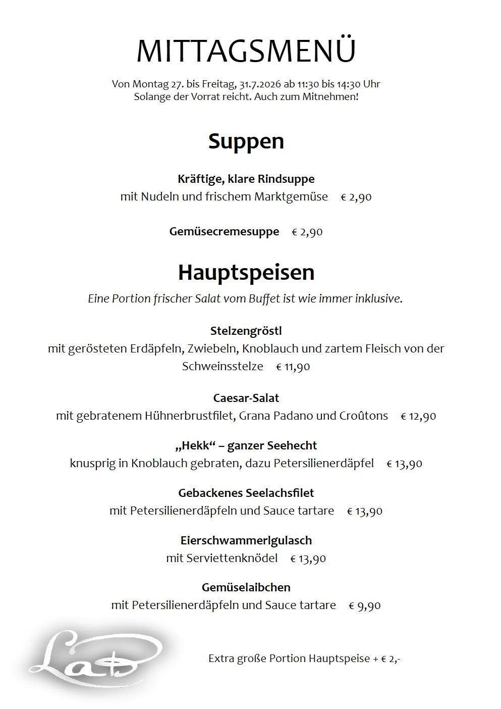 Ein Menü mit verschiedenen Suppen und Hauptgerichten, einschließlich Rinderbein, Hähnchenbrust und Caesar-Salat, mit Preisen in Euro aufgeführt.