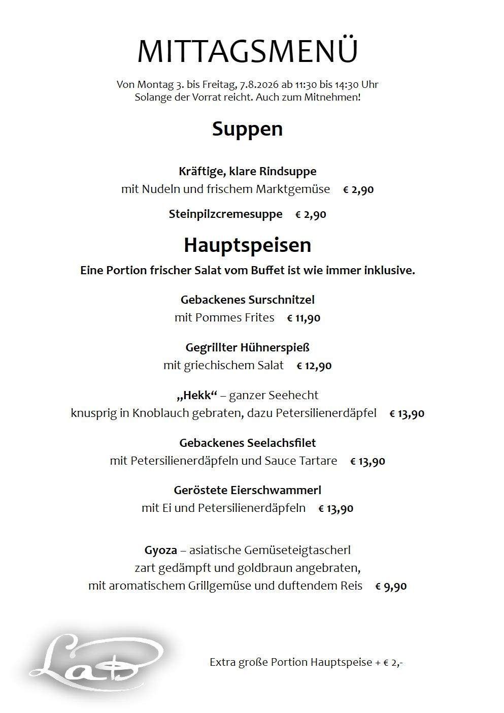 Eine Menüseite mit verschiedenen Gerichten, darunter 'Kraftige, klare Rindsuppe', 'Gebackenes Seelachsfilet' und 'Gyoza'. Jedes Gericht hat einen Preis daneben. Der Text ist auf Deutsch.