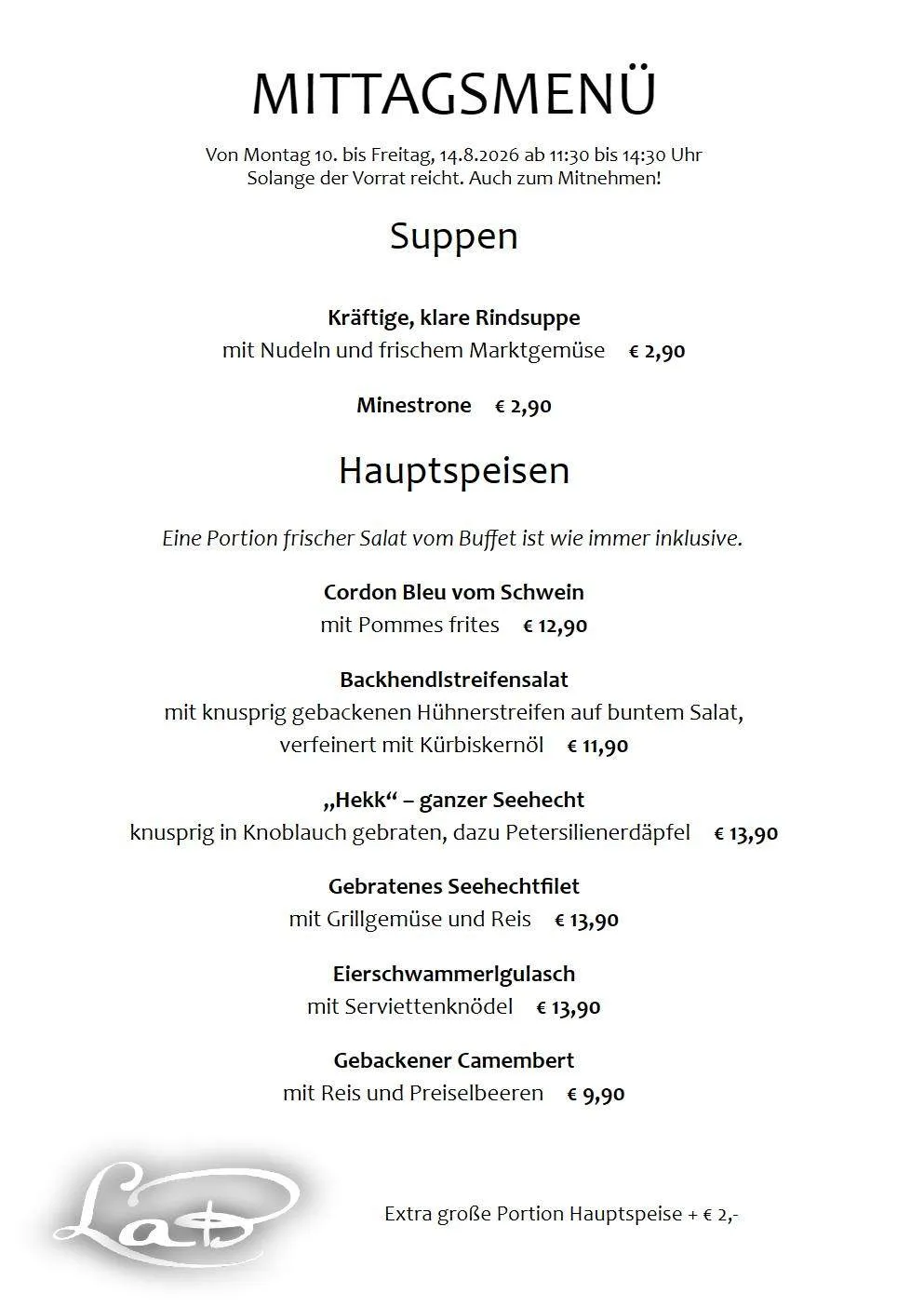 Ein Menü mit verschiedenen Gerichten, darunter Rindfleisch, Huhn und Meeresfrüchte, zu unterschiedlichen Preisen. Das Menü enthält auch einen Hinweis auf einen kostenlosen Salat vom Buffet.