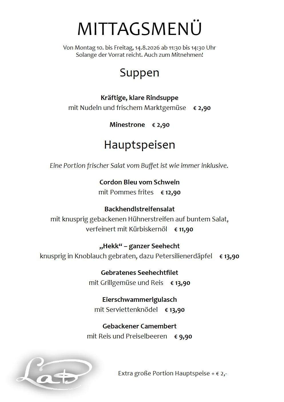 Ein Menü mit verschiedenen Gerichten, darunter Rindfleisch, Huhn und Meeresfrüchte, zu unterschiedlichen Preisen. Das Menü enthält auch einen Hinweis auf einen kostenlosen Salat vom Buffet.