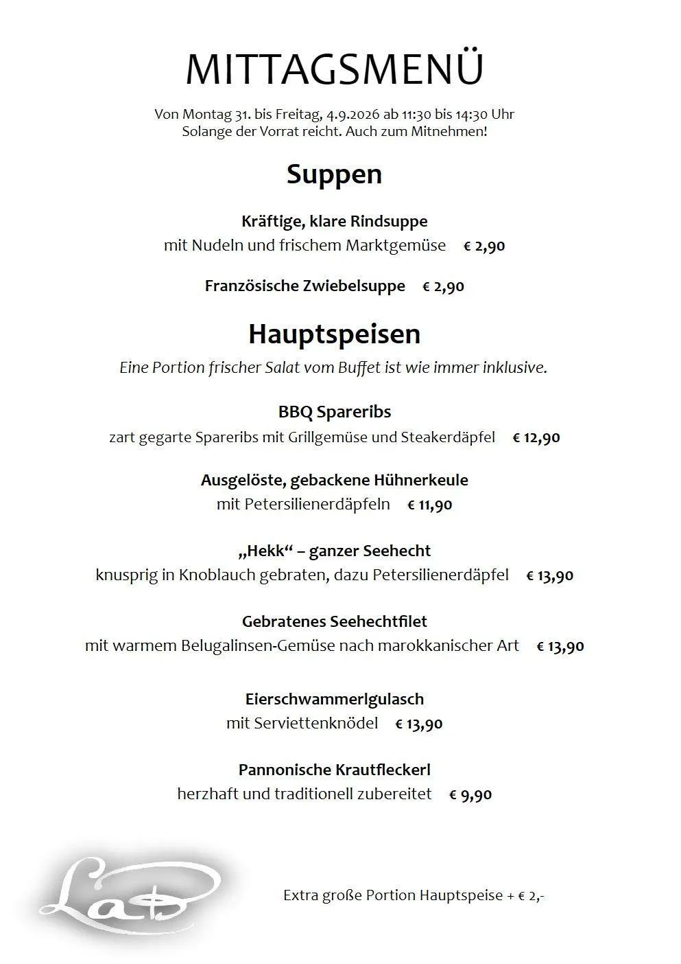 Ein Menü mit verschiedenen Gerichten wie Rindersuppe, französische Erbsensuppe und BBQ-Spareribs, alle mit Preisen aufgelistet.