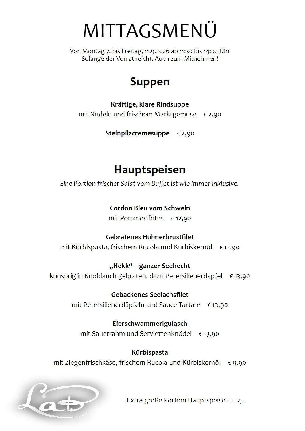 Ein Menü mit verschiedenen Suppen und Hauptgerichten, einschließlich Cordon Bleu, gebratenem Hühnerbrustfilet und mehr, alle mit Preisen.