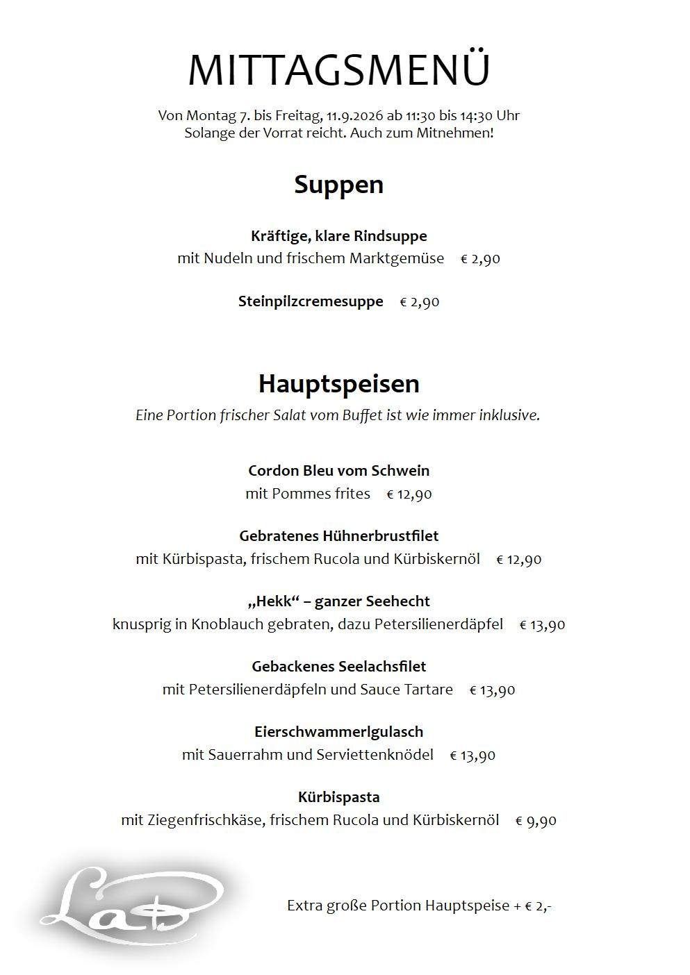 A menu with various soup options and main dishes, including Cordon Bleu, roasted chicken breast, and more, all priced.