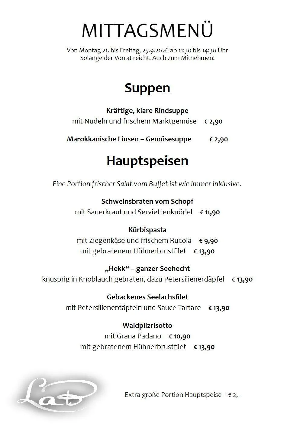 Menü mit einer Auswahl an Suppen und Hauptgerichten, die in Euro gelistet sind. Das Menü umfasst eine herzhafte Rindfleischsuppe, marokkanische Linsensuppe und verschiedene Hauptgerichte wie Schweinekoteletts und Nudelgerichte.