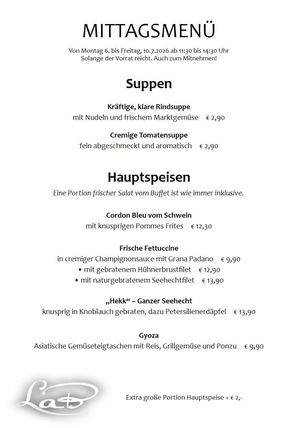 Menu features beef consomme, creamy tomato soup, and various main dishes. Salad is included. Prices range from €2.90 to €13.90.