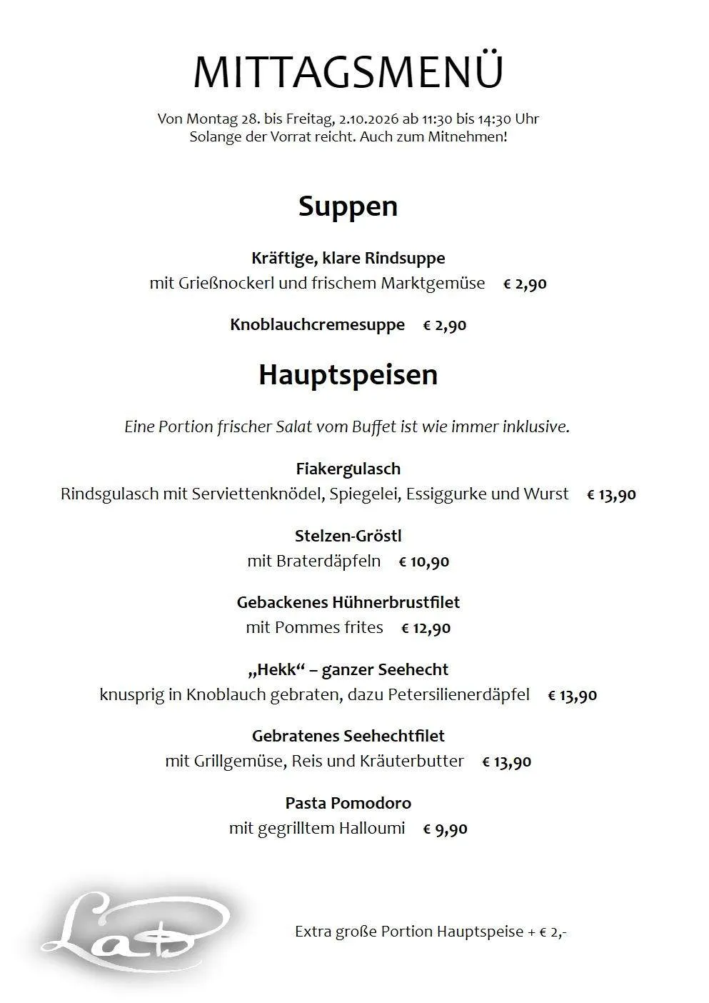 Ein Menü mit verschiedenen Suppen- und Hauptgerichtsoptionen, einschließlich Knoblauchcremesuppe, Rinderroulade und Pasta mit gegrilltem Halloumi. Die Preise reichen von 2,90 € bis 13,90 €.
