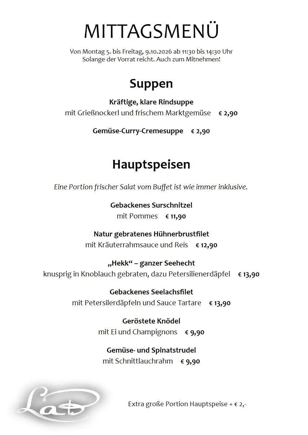 Eine Menüseite mit einer Liste von Gerichten und deren Preisen. Die Gerichte umfassen Rindfleisch-, Hühnchen- und Gemüseoptionen.