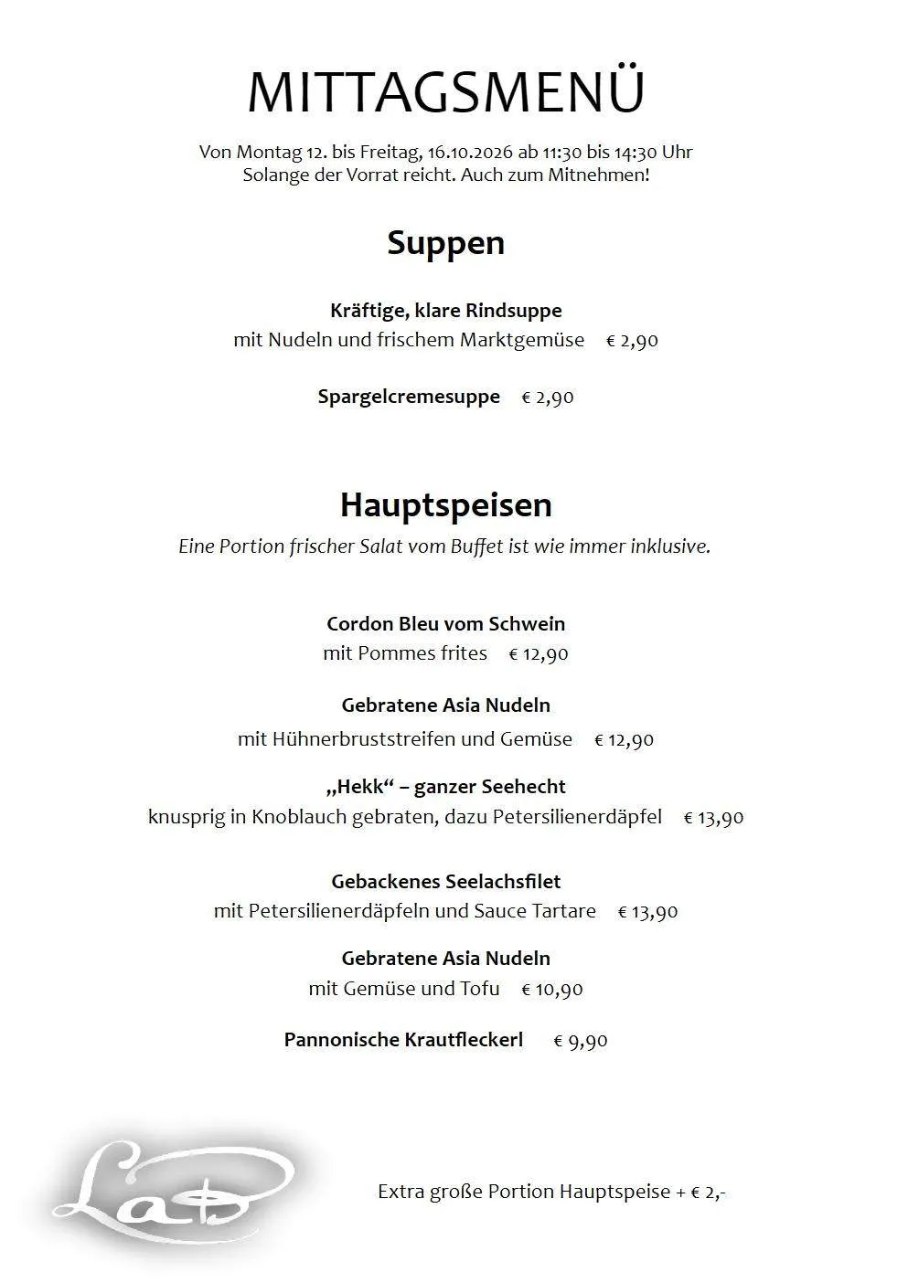 Eine Menüseite mit der Überschrift 'Mittagsmenü' und verschiedenen Speisen mit ihren Preisen aufgelistet.