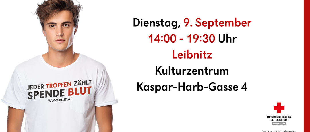 Ein Mann in einem weißen T-Shirt mit rotem Text posiert für ein Foto. Der Text lautet 'ZAHLT LUT'. Auf einem weißen Hintergrund befinden sich Details zu einer Veranstaltung. Sie findet am Dienstag, den 9. September, von 14:00 bis 19:30 im Leibniz Kulturzentrum Kaspar-Harb-Gasse statt.