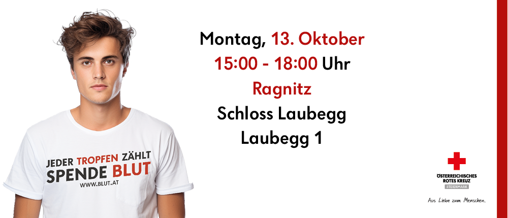 Ein Mann trägt ein weißes T-Shirt mit einem Blutspende-Slogan. Veranstaltungsdetails auf weißem Hintergrund.