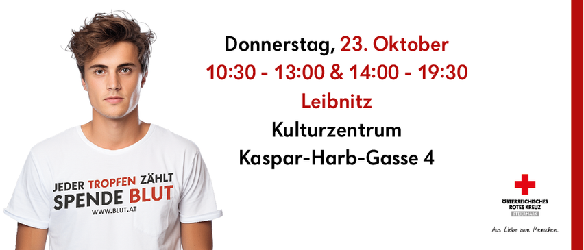 Ein Mann trägt ein weißes T-Shirt mit dem Text 'Jeder Tropfen zählt'. Das Bild enthält auch Details zu einer Veranstaltung am Donnerstag, 23. Oktober.