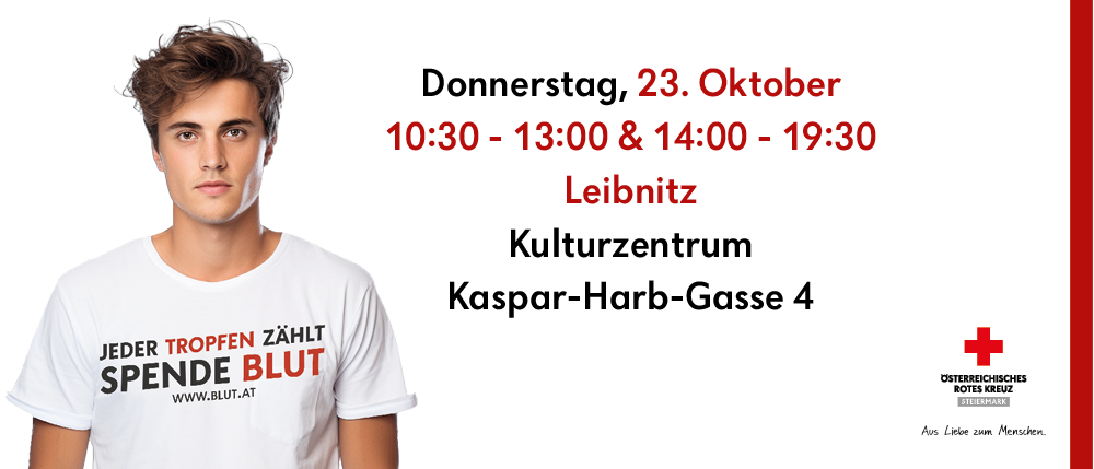 Ein Mann trägt ein weißes T-Shirt mit dem Text 'Jeder Tropfen zählt'. Das Bild enthält auch Details zu einer Veranstaltung am Donnerstag, 23. Oktober.