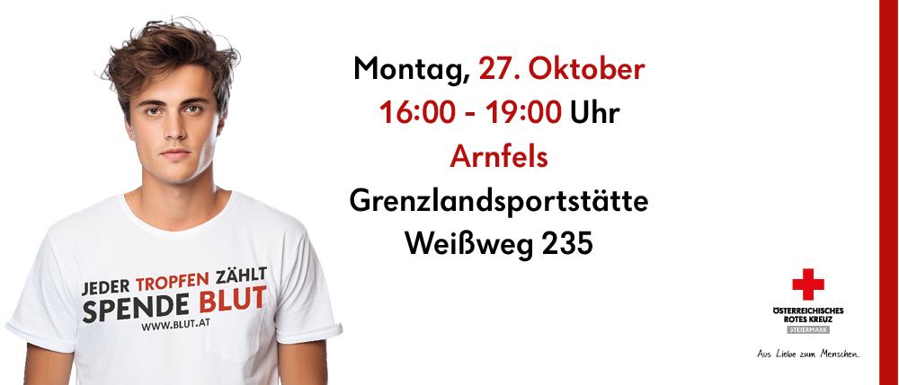 Ein Mann in einem weißen T-Shirt mit 'Tropfen Zahlt Pendle Blut' steht vor einem weißen Hintergrund. Es gibt Texte für eine Veranstaltung am 27. Oktober 2023 von 16:00 bis 19:00 Uhr in der Grenzlandsportstätte WeiBweg 235.