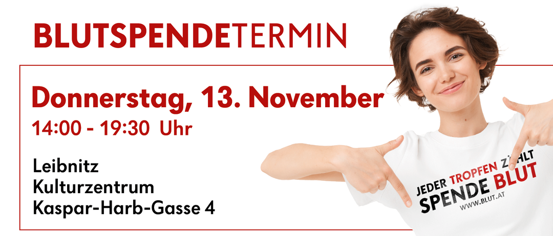 Ein Bild mit dem Text Spendetermin. Es hat ein Datum vom 13. November und eine Zeit von 15:30 Uhr. Eine Person zeigt auf ein Schild, das JEDrum sagt. Der Ort ist Jerb-Gasse 4.